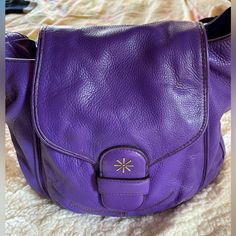 Beautiful Rich Purple Color! Thick Genuine Leather Hardly Used,No Imperfections. Hardware Beautiful! Beautiful Beautiful Handbag!! Purple Satchel Bag With Adjustable Strap, Purple Double Handle Bag With Adjustable Strap, Purple Bag With Adjustable Strap And Double Handle, Purple Satchel Bag With Removable Pouch, Soft Leather Purple Shoulder Bag, Purple Satchel Bag With Detachable Strap, Purple Soft Leather Shoulder Bag, Purple Bag With Detachable Strap For On-the-go, Purple Shoulder Bag With Detachable Double Handle