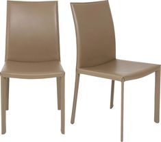 pair of beige leather dining chairs on white background