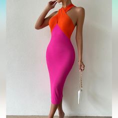 Fabric Type: 93% Polyester,7% Elastane Closure Type: Pull On Neck Style: Halter Neck About This Item Features: Deep V Neck, Cut Out, Split Side, Backless Fabric Has No Stretch,But It's Soft And Comfortable Occasion: Weekend Casual, Office Wear, Holidays, Party Or Daily Life Elegant Pink Halter Neck Bodycon Dress, Pink Stretch Midi Dress For The Beach, Trendy Pink Midi Dress For Beach, Trendy Pink Midi Beach Dress, Trendy Pink Beach Midi Dress, Pink Bodycon Halter Neck Dress, Pink Halter Neck Bodycon Dress, Pink Halter Neck Bodycon Dress For Party, Trendy Pink Bodycon Dress For Party