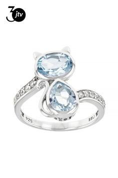 1.28ct oval and 1.11ct pear shape Glacier Topaz��� with .17ctw round white zircon, rhodium over sterling silver cat ring. Measures approximately.83"L x .68"W. Not sizeable. Accent stones primarily zircon. Silver Cat Ring, Sterling Silver Cat, Cat Ring, Silver Cat, Sky Blue Topaz, Pear Shape, Pear Shaped, Blue Topaz, Blue Man