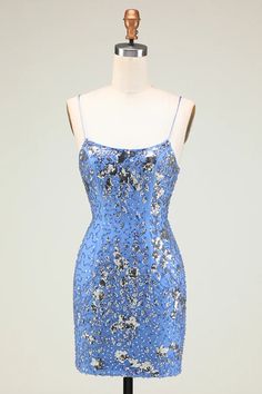 Sparkly Sheath Spaghetti Straps Grey Blue Sequins Short Homecoming Dre – Buyishang Dresses Blue Spaghetti Strap Mini Dress For Prom, Tight Homecoming Dress, Homecoming Dresses Sparkly, Lovely Partner, Homecoming Dresses Short Tight, Homecoming Dance, Dress Up Day, Trendy Girl, Dress Occasion