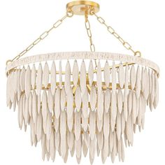 a chandelier with white feathers hanging from it's center circle and gold chain