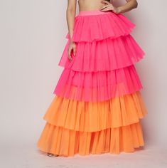 Elastic Waist Pink And Orange Ombre Pink And Orange Ombre, Long Sheer Dress, 70’s Style, Tulle Maxi Skirt, Olive Dress, Knit Maxi Skirt, Orange Ombre, Printed Maxi Skirts, Black Tulle