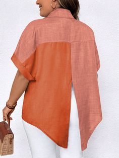 Multicolor Casual Collar manga corta Tela tricotada Color combinado,Liso Camisa Embellished No-Elástico Plus Size Summer Casual, Loose Shirt, Plus Size Summer, Loose Shirts, Plain Shirts, Plus Size Blouses, Batwing Sleeve, Casual Shirt, Women's Casual