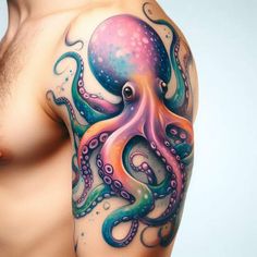 an octopus tattoo on the arm and chest is shown in this artistic photo, it appears to be painted with watercolors