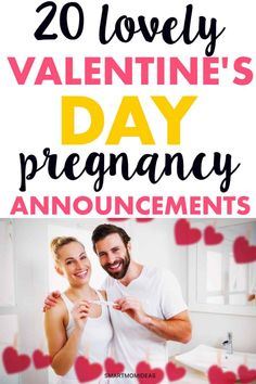 a man and woman standing next to each other with hearts in the background text reads 20 lovely valentine's day pregnancy announcements