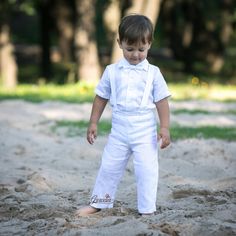 Ring Bearer White Suit, Baby Boy White Outfit, Outfit Bautizo, Boy Suspenders Outfit, White Linen Outfit, Bow Tie Pants, Waistcoat Outfit, White Linen Suit