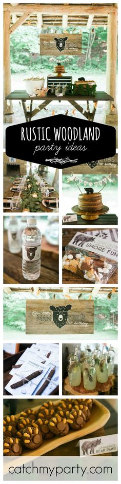 a collage of photos showing different types of food and drinks on display at a rustic woodland party