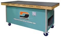 an industrial woodworking sanding table on wheels with the dynarbade logo