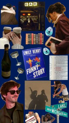 a collage of photos with people, books, and drinks in them on a blue background