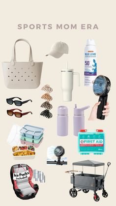 an advertisement for sports mom era with various items including sunglasses, hairdryer and handbag