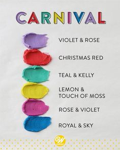 the words carnival written in different colors on a piece of white paper with polka dots