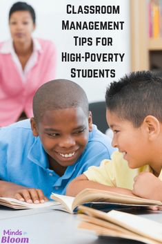 two young boys are looking at an open book with the title classroom management tips for high - poverty students