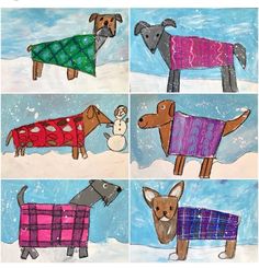 four pictures of dogs wearing sweaters in the snow, one with a snowman