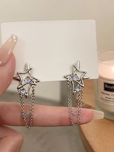 Silver Fashionable Collar  Zinc Alloy  Drop Earrings Embellished   Women's Fashion Jewelry Earings Aesthetics, Extra Earrings, Edgy Jewelry, Chain Decor, Gold Chain Design, Star Chain, Magical Jewelry, Jewelry Accessories Ideas, Girly Accessories