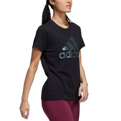 A Soft Cotton T-Shirt From Adidas That Lets You Move In Comfort And Shimmer Through Your Day Black Adidas Logo T-shirt For Sports Season, Adidas Sportswear T-shirt For Gym, Sporty Black T-shirt With Logo Print, Black Athleisure T-shirt For Sports, Adidas Athleisure Tops For Sports Season, Black Letter Print T-shirt For Gym, Black Crew Neck Sporty T-shirt, Adidas Logo Athleisure Crew Neck Tops, Black Short Sleeve Activewear With Letter Print