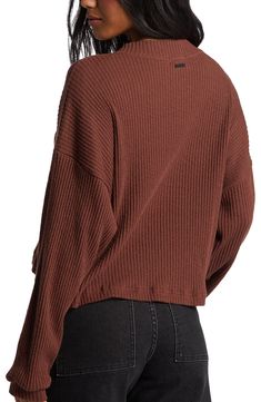 Knit with ribbed stitches from soft, slubbed cotton-blend yarns, this sweater has a casually comfortable fit with a boxy, relaxed silhouette. 19" length (size Medium) Button half placket Crewneck Long sleeves 95% cotton, 5% elastane Machine wash, dry flat Imported Casual Brown Sweater With Ribbed Neckline, Brown Cotton Ribbed Sweater, Fall Ribbed Knit Loungewear Top, Fall Ribbed Knit Top For Loungewear, Casual Solid Waffle Knit Sweater, Brown Waffle Knit Casual Sweater, Casual Brown Waffle Knit Sweater, Ribbed Cotton Knit Top For Fall, Casual Ribbed Brown Sweater