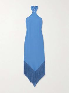 TALLER MARMO Nina fringed crepe halterneck maxi dress Chic Silk Crepe Dress For Gala, Fitted Silk Crepe Dress For Party, Blue Silk Midi Dress For Cocktail, Blue Silk Evening Dress For Dinner, Nice Long Dresses, Gameday Fits, Taller Marmo, College Fits, Sports Skirts