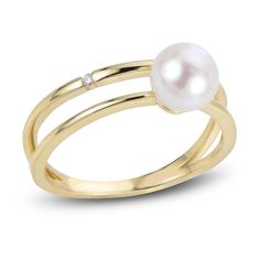 A lustrous freshwater cultured pearl shimmers with elegance in the center of this magnificent women's open shank ring, fashioned in 14K yellow gold. A brilliant round diamond accent embellishes the band to complete the look. Anniversary Yellow Gold Pearl Ring With Diamond, Yellow Gold Fine Jewelry Akoya Pearl Ring, Yellow Gold Rings With Diamond Accents And Pearl, Elegant Gold Pearl Ring With Diamond Accents, Fine Jewelry Gold Diamond Ring With Akoya Pearl, Gold Akoya Pearl Diamond Ring, Gold Diamond Ring With Akoya Pearl, Elegant Yellow Gold Open Pearl Ring, Elegant 14k Gold Pearl Ring With Single Diamond