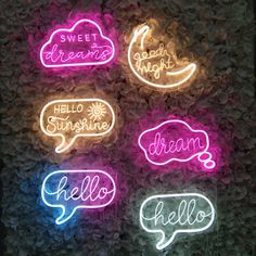 four neon signs that say hello, sweet dreams, hello sunshine, dream and hello hello