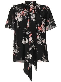 Floral Print Short Sleeve Blouse For Work, Short Sleeve Blouse With Floral Print For Work, Elegant Floral Print Tie Neck Blouse, Black Tie Neck Blouse For Summer, Elegant Short Sleeve Top With Floral Print, Black Silk Short Sleeve Blouse, Elegant Short Sleeve Floral Print Top, Elegant Black Tops With Floral Print, Elegant Black Floral Print Tops