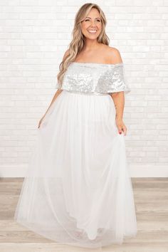 Chic Soul plus size clothing, silver off the shoulder dress with mesh skirt in white Flowy Style, Off Shoulder Dresses, Dress Silver, Midi Dress Party, Babydoll Top, Silver Dress, Maxi Dress Party, Model Fits, Off Shoulder Tops