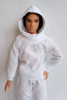 "Sports doll outfit Ken Hoodie - fastens on the back with velcro, double hood Сports pants without pockets, with elastic at the waist and hems. Designed to fit the \"Original\" size Ken Fashiinistas and BMR 1959 Ken  The doll and shoes are not included.  Made in a home without smoke and pets. Save on shipping with the purchase of several items. Shipping takes about 2-4 weeks.  Thanks for looking." White Stretch Tracksuit For Winter, White Cotton Tracksuit With Drawstring Hood, Winter White Stretch Tracksuit, Male Doll Clothes, Pink Knit Dress, Classic White Dress, Shirt Style Tops, Cute White Dress, Sports Clothes