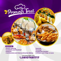 an advertisement for a restaurant called promzy's treat with pictures of different foods