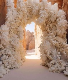 an arch made out of white flowers in the middle of a desert area with light coming through