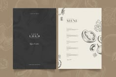 a menu with an image of tomatoes and leaves on the front, side and back