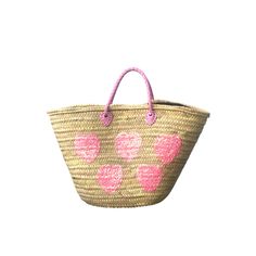 Large straw bag with pink sequin hearts and pink leather handles Pink Bucket Straw Bag With Braided Handles, Pink Straw Tote Bag With Braided Handles, Pink Bucket Straw Bag, Pink Handwoven Bucket Straw Bag, Pink Woven Straw Bag For Market, Pink Straw Tote Bag, Handmade Pink Bucket Straw Bag, Pink Bucket Straw Bag For Shopping, Pink Handwoven Basket Beach Bag