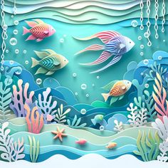 an underwater scene with fish, corals and seaweed in paper cut out style