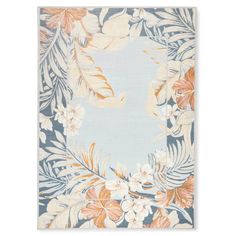 an area rug with flowers and leaves on the front in blue, orange and white colors