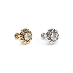 A beautiful flat back stud earring to add to your cartilage. With a modern design, this unique stud is crafted from 14k solid gold with a prong set diamond totaling 0.03 carats. It's minimalist and totally chic. You'll love wearing it! The threaded screw pin earring post is easy to insert and remove, and the flat back makes it comfortable to wear. Our screw pin flat back earring studs are made of solid 14k gold and are hypoallergenic and nickel free. Materials: * 14k solid gold  * Genuine or lab Elegant Internally Threaded Cartilage Earrings For Anniversary, Elegant Round Plug Earrings With Internal Threading, Elegant Round Screw Back Piercings, Elegant Round Piercings With Screw Back, Elegant Yellow Gold Piercings With Screw Back, Diamond Piercing, Daith Jewelry, Helix Jewelry, Unique Studs