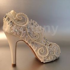 su.cheny 3" 4" heel satin white ivory lace pearls open toe Wedding Bridal shoes | eBay Open Toe Wedding Shoes, Bridal Shoes Low Heel, How To Dress For A Wedding, Shoes Bride, Designer Wedding Shoes, Learn To Live, Wedding Shoes Bride, Bridal Gowns Mermaid, Bridal Wedding Shoes