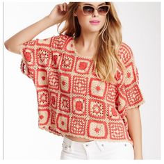 Red And Tan Crochet Blanket Style Crop Top From Minkpink. Red And Tan Crochet Blanket Style Crop Top New With Tags S/M Red Crochet Bohemian Top, Red Crochet Top For Vacation, Red Crochet Lace Top For Vacation, Casual Red Crochet Top, Casual Red Crochet Top For Vacation, Red Crochet Lace Casual Top, Red Casual Crochet Lace Top, Red Bohemian Crochet Top For Spring, Bohemian Red Crochet Lace Top