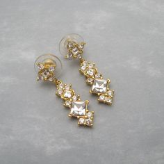 Long Rhinestone Earrings Dangly Vintage Jewelry Diamond-shaped Gold Earrings For Wedding, Formal Metal Crystal Earrings, Gold Rectangular Crystal Earrings For Party, Gold Jeweled Cubic Zirconia Earrings, Gold Diamond Earrings With Rhinestones, Gold-plated Jeweled Bridal Earrings, Gold Cubic Zirconia Jeweled Bridal Earrings, Gold Rhinestone Crystal Earrings, Gold Diamond Crystal Earrings For Evening