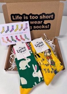 Sock Gift Set! Introducing our newest letterbox gift set of fun and funky socks! The perfect addition to any wardrobe, these socks will bring a smile to her face every time she puts them on. In a variety of colours and patterns, there's a perfect pair for any time of day! Two fabulous pairs will be included!  These bright and fun gift sets are the perfect pick me up for that special person whether it be Mum, Sister, Daughter, Friend, Aunt or Colleague.  Two different styles chosen at random and may differ from the listing photo dependant on availability.  UK size 4-7 Our fabulous letterbox gifts come beautifully packaged in a recyclable cardboard box. These are classed as large letter size so will fit through the letterbox, no need to worry about being home to receive it. We also wrap them Sock Gift, Womens Socks, Funky Socks, Socks Gift, Letterbox Gifts, Letter Box, Novelty Socks, Large Letters