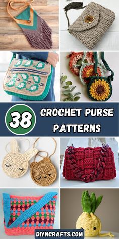 crochet purses with different patterns on them and the words 39 crochet purse