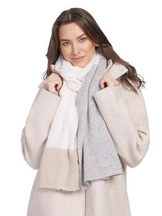 Cream 100% Pure Cashmere Color Block Scarf Trendy Scarves For Cold Weather, Cozy Beige Scarves For Cold Weather, Cashmere Scarves For Fall, Trendy Winter Scarves One Size, Trendy One Size Winter Scarves, Warm Beige Scarves For Fall, One Size Beige Scarves For Fall, Casual Scarves For Cold Weather, Trendy Beige Scarf For Fall