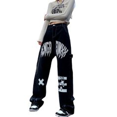 Product information:Style: street/casual/vintage/punk/Y2K/harajukuMain fabric composition: denim/cottonLength: trousersWaist type: high waistDenim Color: BlackThickness: GeneralPopular elements: pattern. washedColour: BlackDesign:ï»?span data-mce-fragment="1">Button & Zip Fastening. High Rise Waistline. Functional Pockets. Printed At Front.Size Information:Size: S/M/L/XL Size/CM Pants Length Waist Hip Thigh S 94 64 100 62 M 96 68 104 64 L 98 72 108 66 XL 100 76 112 68 Urban Jeans With Letter Print For Streetwear, Winter Grunge Distressed Bottoms, Y2k Style High Rise Cotton Pants, Y2k Black Jeans For Winter, Grunge Straight Leg Pants For Winter, Grunge Straight Leg Winter Pants, Trendy Streetwear Wide Leg Jeans, Cotton Jeans With Letter Print For Streetwear, Winter Grunge Straight Leg Pants