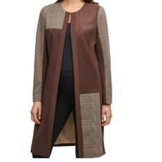 Calvin Klein Mixed Media Faux-Suede Plaid Topper Coat Us 4 New. Calvin Klein Provides The Perfect Top-Off For Your Office Outfits With This Topper Jacket. The Plaid Print And Faux-Suede Texture Provide The Perfect Blend Of Contemporary Versatility And Style. Approx. Length: 39" From Center Back To Hem Collarless; Hook-And-Eye Closure At Neckline Seamed Detail At Back Lined Shell: Polyester/Viscose/Spandex; Lining: Polyester Hand Wash Imported Web Id: 11437677 Suede Texture, Fitted Blazer Jacket, Size 16 Women, Black Wool Coat, Houndstooth Jacket, Faux Suede Jacket, Long Blazer, Calvin Klein Women, Plaid Jacket