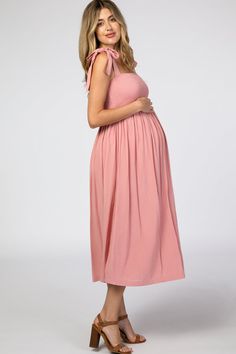 Summer Maternity Dress With Smocked Back, Casual Maternity Dress With Smocked Back, Maternity Midi Dress With Smocked Back, Casual Summer Maternity Dress With Ruched Details, Casual Maternity Dress With Smocked Bodice, Ruched Midi Length Maternity Dress, Ruched Midi Maternity Dress, Summer Maternity Smock Dress, Summer Maternity Dress With Smocked Bodice