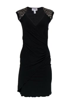 Current Boutique-Joseph Ribkoff - Black Plunge Gathered Side Sheath Dress w/ Beading Sz 2 Elegant Draped Dress With Flattering Silhouette, Elegant Embellished Draped Dress, Elegant Draped Stretch Dresses, Black Draped Glamorous Dress, Glamorous Black Draped Dress, Elegant Draped Dress For Date Night, Elegant Draped Bodycon Dress For Night Out, Formal Draped Embellished Dress, Elegant Draped Bodycon Dress