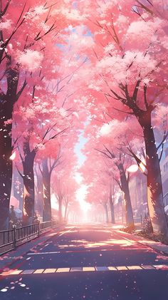 an anime scene with pink trees lining the street