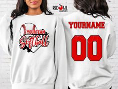 Personalized Softball School Spirit T-Shirt Crewneck, Hoodie Hooded Sweatshirt Not all colors are available in all sizes and styles.  Please check the color and size charts in photos. We do our best to accurately represent shirt colors by using actual photos but do understand that all monitors will display differently. Please contact us prior to purchase with any questions on sizing or colors. Your purchase includes a custom imprint created specifically for your team! A product proof will be emailed to you within 1 business day.  Please keep an eye on your Etsy messages and reply with any changes within 24 hours. Your order will be sent to production after that time if no response is received. Excessive editing will incur an additional fee so be sure to double check your information when p Casual White Hoodie With Sublimation Print, College Fan Apparel Sublimation Design In White, White School Spirit Sweatshirt For Baseball Season, White Team Logo Hoodie For Game Day, White School Spirit Sweatshirt For Sports Season, White Casual Sublimation T-shirt For Team Events, Casual White Sublimation Design For Team Events, Casual Long Sleeve Sublimation Design With Team Name, White Casual Sublimation Design For Team Events