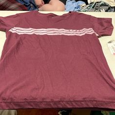 Roxy Burgundy T-Shirt White Stripes Across Chest Nwt Sz Juniors L Casual Burgundy Short Sleeve T-shirt, Short Sleeve Burgundy Tops For Summer, Burgundy Short Sleeve Tops For Summer, Burgundy Casual Short Sleeve Top, Casual Burgundy Short Sleeve Top, Sporty Tan Crew Neck Top, Burgundy Casual Crew Neck Top, Trendy Burgundy Cotton Tops, Casual Burgundy Crew Neck Top