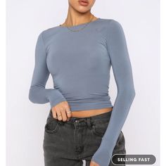 P2 Description Blue Is What You Will Receive *** The Only For Tonight Long Sleeve Top In Steel Is The Basic Your Wardrobe Is Waiting For. This Top Is Fitted With Long Sleeves And Soft, Stretch Jersey Fabric. Pair With Your Favourite Pair Of White Fox Denim Jeans And Gold Hoops For An Elevated Everyday Look! - 95% Modal 5% Spandex Basic Crop Tops, Bodycon Shirt, Top Streetwear, Mode Masculine, Bottoming Shirt, Cropped Tops, Basic Long Sleeve, Solid Clothes, Pullover Shirt