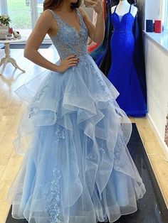 Blue Lace Prom Dress, Long Ball Gown, Prom Dress Blue, Blue Evening Dress, Ball Gown Dress, V Neck Prom Dresses, Lace Ball Gowns, Lace Formal Dress, Blue Evening Dresses