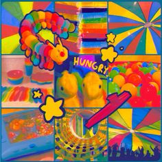 an abstract painting with many different colors and shapes, including the word hungry on it